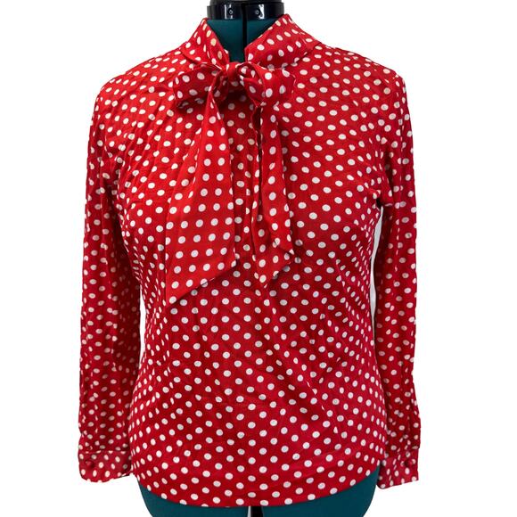 Vintage 70s Red Polka Dot Blouse with Bow Neck – Stoner Square, Size 16 - Picture 1 of 16